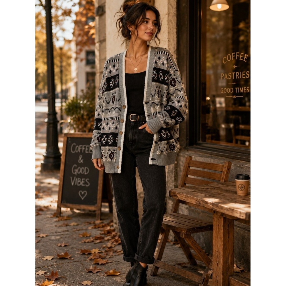Vintage Fama Italy Grandpa Cardigan Geometric Knit Sweater Unisex S